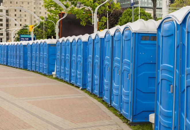 a row of sleek and modern portable restrooms at a special outdoor event in Atwater CA